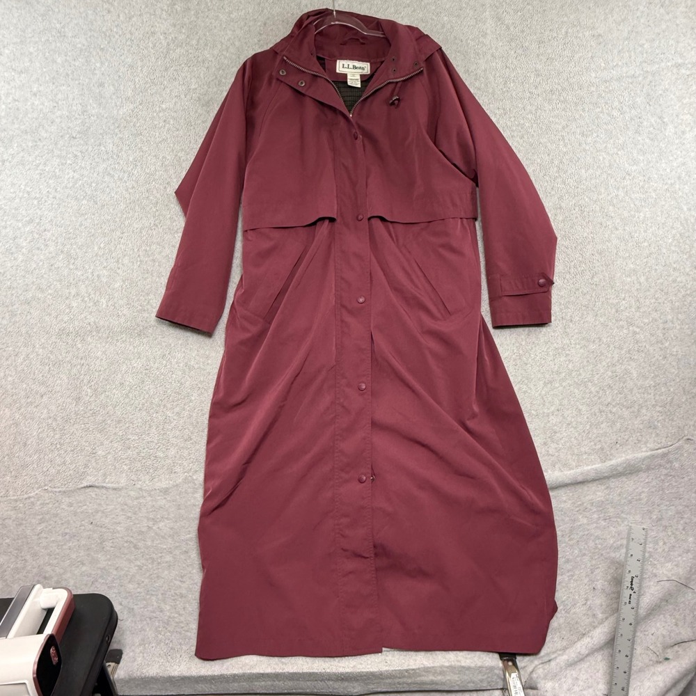 LL Bean Raincoat Women Small Burgundy Wool Lined Long Hooded Full Zip OHJ60